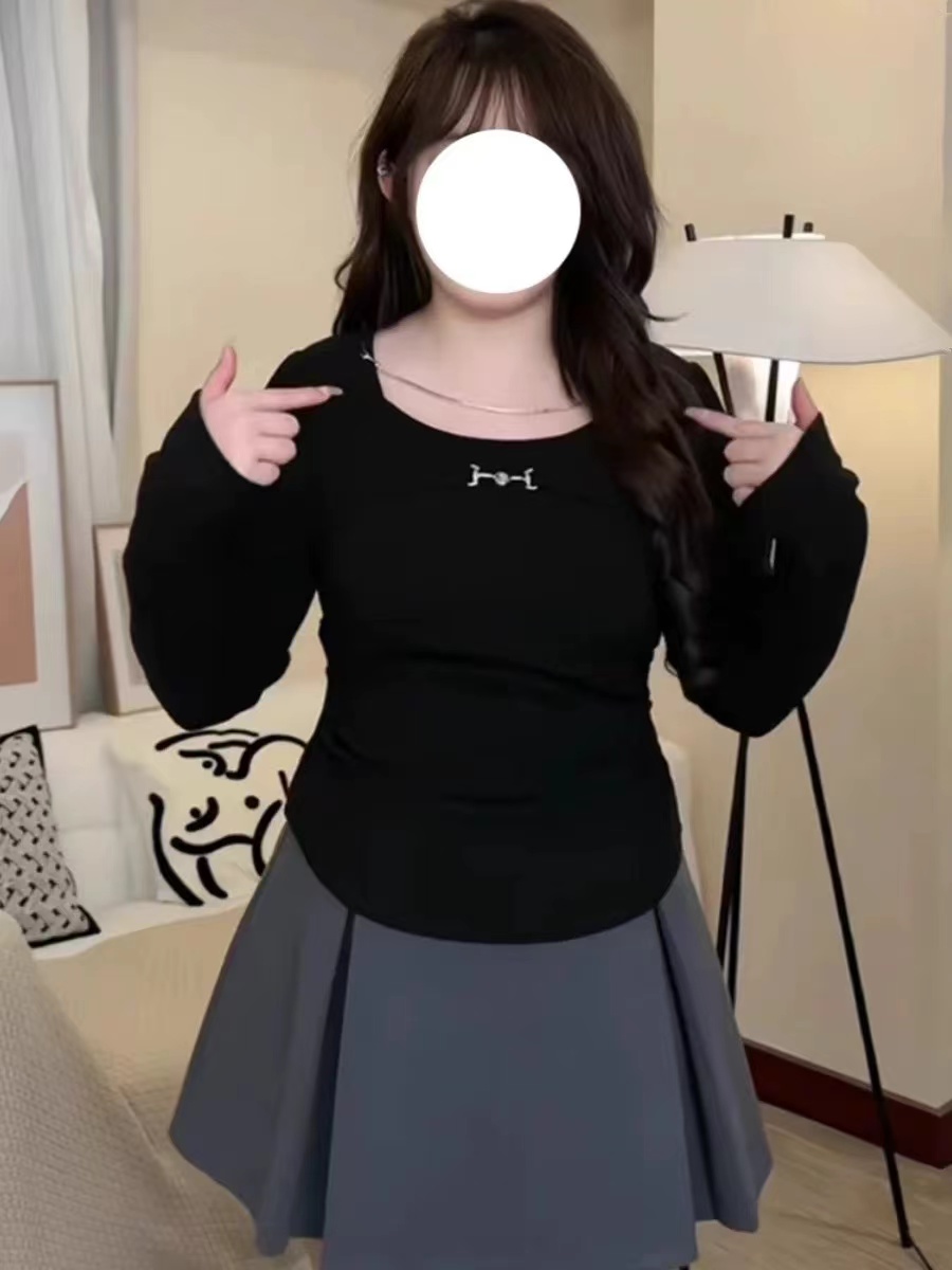 빅 사이즈 수신 Pleat 긍정적 인 어깨 긴팔 티셔츠 여성 가을 새로운 지방 mm 품격 인사이드 가져 가라. 기본 셔츠 Chic 슬림해 보이는 맨위