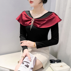 批发实拍2026年<b class='q'>春</b>季新款时尚V领镂空T恤女长袖别致蝴蝶结洋气修身百搭