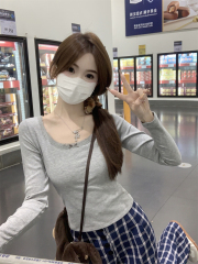 Real shot of autumn Korean style slim round neck lace trim solid color versatile long-sleeved T-shirt inner top