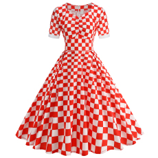 批发欧美赫本风棋盘格欧美气质收腰遮臀<b class='q'>伴娘</b><b class='q'>礼服</b>大摆中长款红色连衣裙