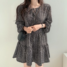 批发秋装新款<b class='q'>大码</b>女装气质高级感盐系v领碎花长袖连衣裙