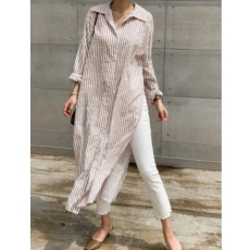 批发新款<b class='q'>条纹</b>翻领衬衫女过膝宽松开叉外套气质显瘦上衣中长款