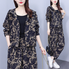 批发秋装新款复古大码女装休闲套装女装宽松显瘦连帽外套<b class='q'>哈伦裤</b>两件套