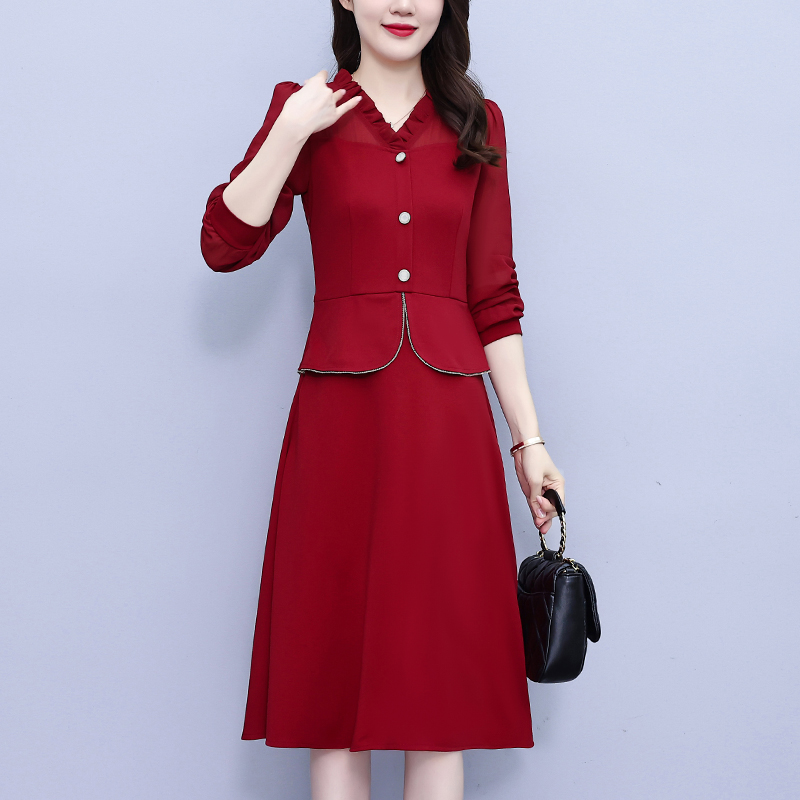 PF20744# 大码裙子胖mm荷叶领拼接气质显瘦法式中长款喜婆婆连衣裙女裝貨源服裝批發