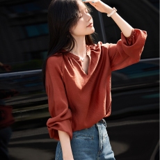 批发2026早秋新款宽松显瘦长袖衬衫法式灯笼袖V领长袖女衬衫