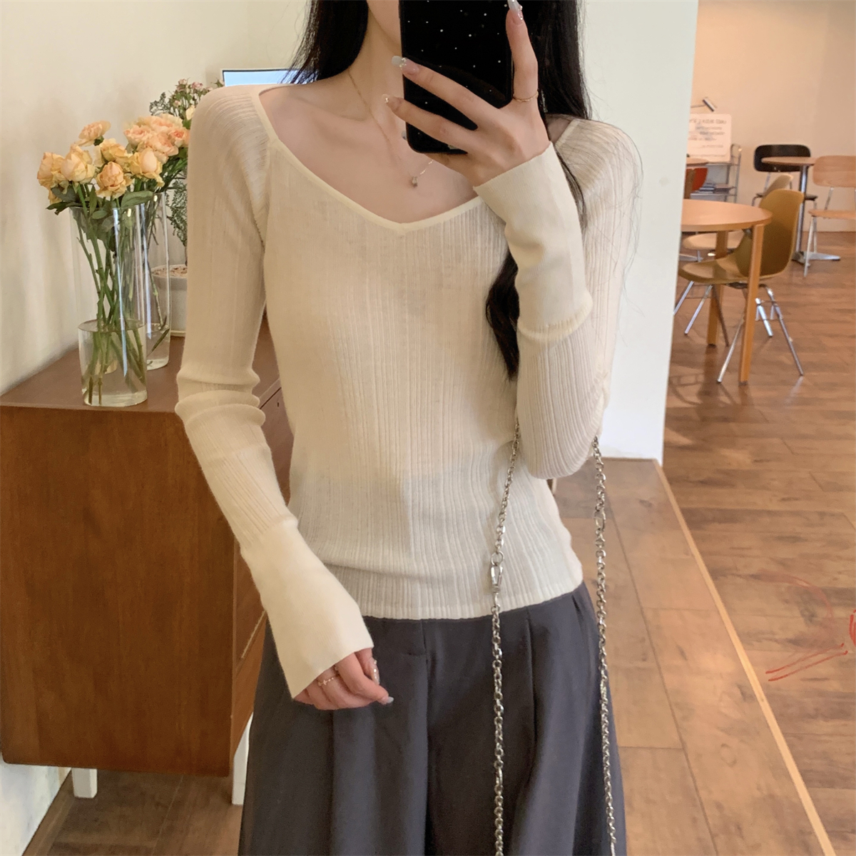 Real shot of autumn Korean style slimming temperament pit strips slimming 6 wool versatile sweater long-sleeved bottoming top