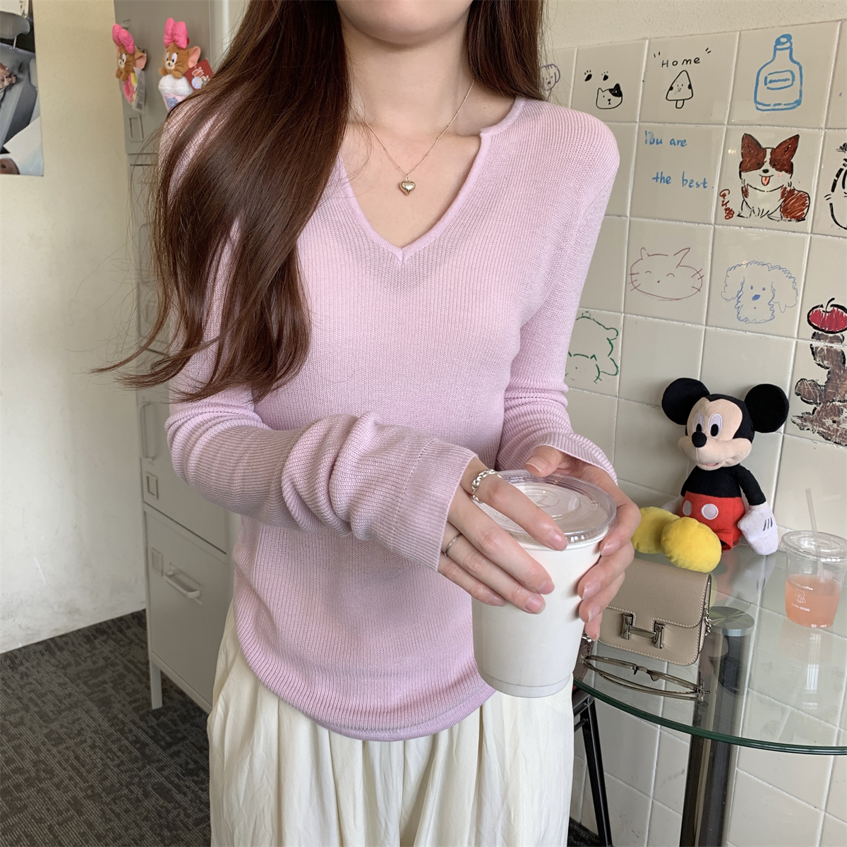 Real shot of autumn Korean style loose half-open collar 6 wool pleated lazy and versatile knitted long-sleeved bottoming top