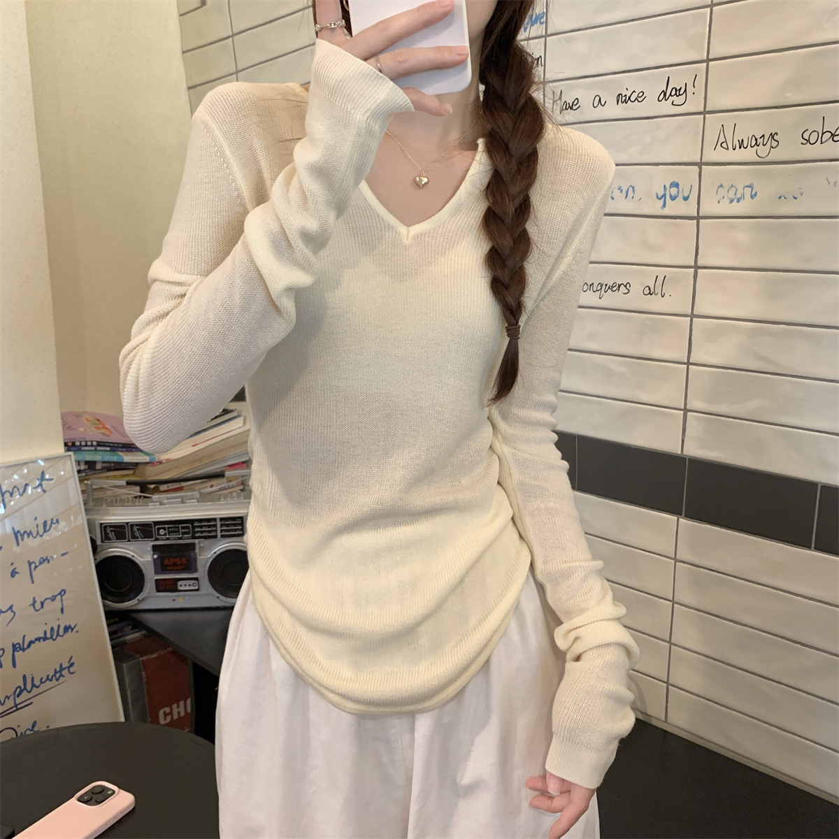 Actual shot of the new autumn style loose half-open collar 6 wool pleated lazy knitted long-sleeved bottoming top