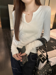 Actual shot of autumn Korean style semi-open collar versatile fishbone design pure cotton long-sleeved T-shirt with inner top