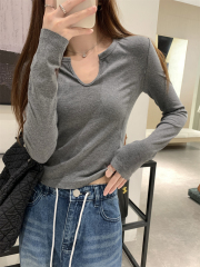Actual shot of autumn Korean style half-open collar fishbone slimming design versatile pure cotton long-sleeved T-shirt with inner top