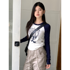 批发实价不减实拍美式复古早秋修身百搭撞色插肩长袖<b class='q'>街头</b>印花T恤上衣