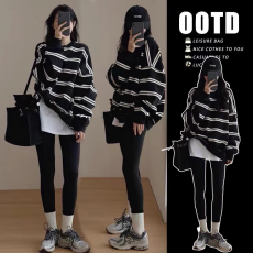 新品#孕妇春装套装2026新款韩版宽松条纹休闲针织上衣春秋两件套