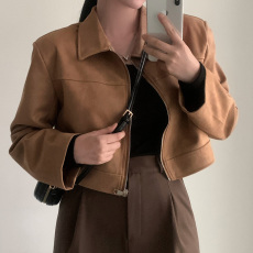 批发韩系简约百搭皮绒外套女新款短上衣设计感小众夹克