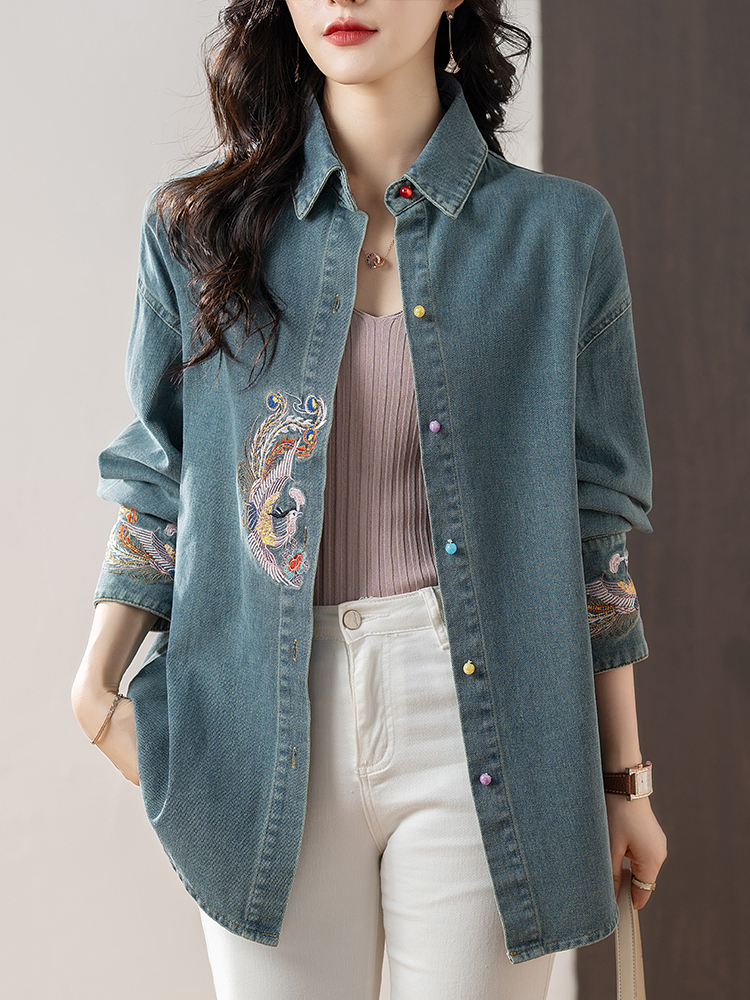 MY2797#刺绣牛仔衬衫外套女新款复古女装衬衣潮女裝貨源服裝批發