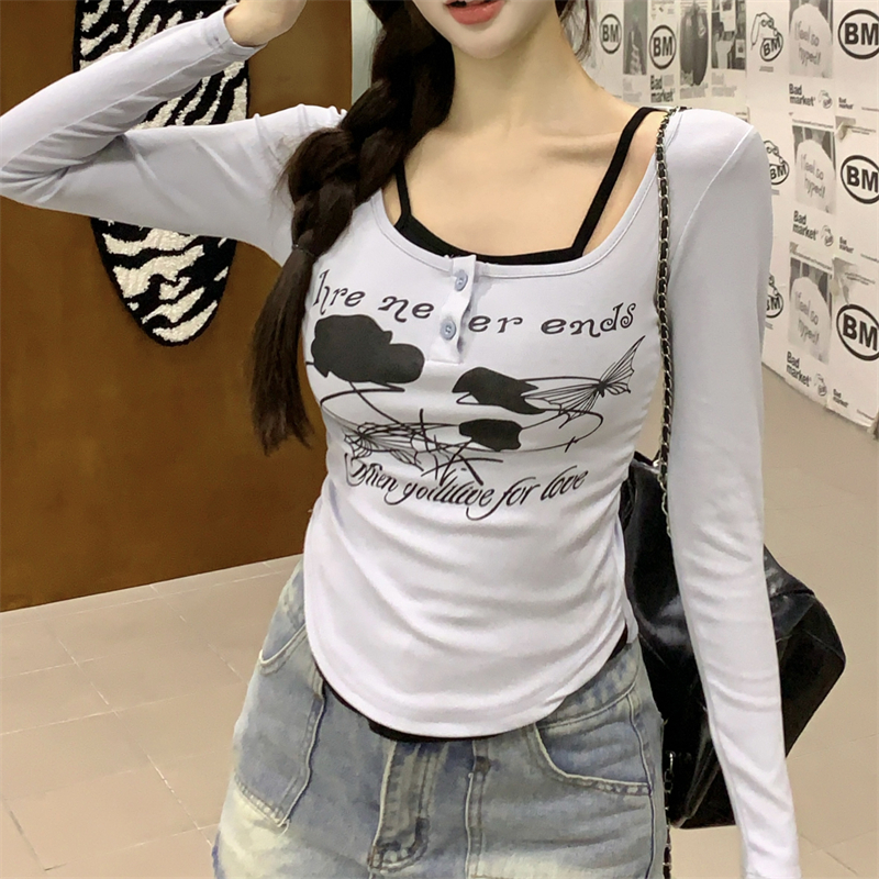 PF20588#大码设计感假两件正肩长袖t恤女2024秋季胖mm显瘦别致上衣女裝貨源服裝批發