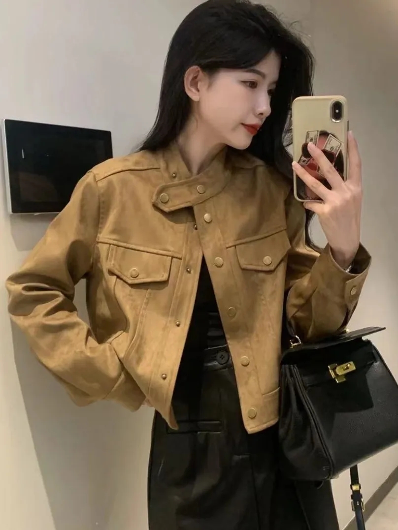 2025春秋新款小香美拉德风皮衣夹克女早秋季小个子麂皮短外套上衣