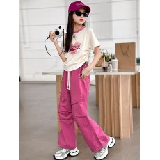 批发<b class='q'>女</b><b class='q'>童</b>夏装套装2026新款洋气时髦夏季短袖大童休闲工装裤长裤两件套