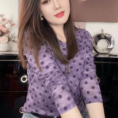 批发2026春秋新款时尚波点网纱高弹T恤上衣修身洋气内搭长袖<b class='q'>打底衫</b>潮