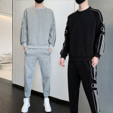 批发实拍高品质纯棉春<b class='q'>秋</b>男士潮牌时尚印花百搭休闲卫衣圆领两件套装