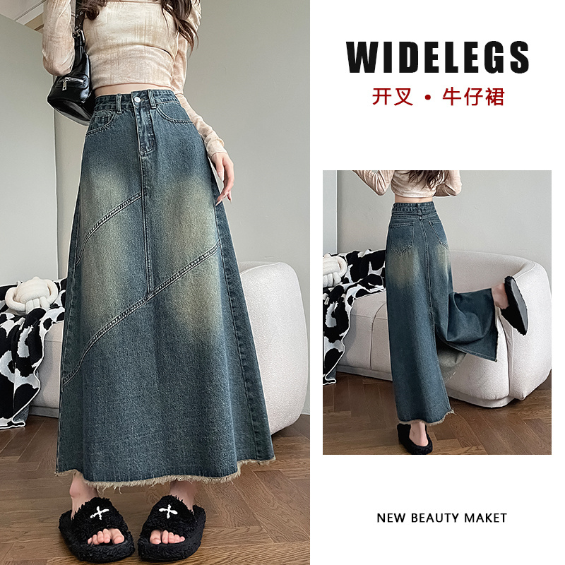 Photographed 2024 Autumn Fashion Wide-leg Skirt with Slit Design Mid-length