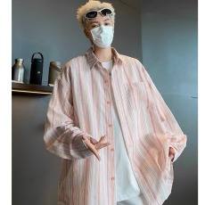 批发日系复古设计感条纹长袖衬衫男女春秋小众港<b class='q'>风</b>休闲衬衣潮