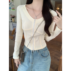 批发实拍1*1螺纹210克长袖t恤女2026早春新款潮拉链V领修身打底衫上衣