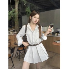 批发条纹polo领长袖衬衫<b class='q'>连衣裙</b>女显瘦修身气质百褶裙设计感收腰短裙子