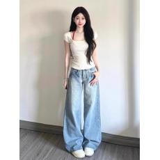 批发美式裂纹水洗蓝阔腿<b class='q'>牛仔裤</b>女早秋新款低腰宽松直筒显瘦垂感拖地裤