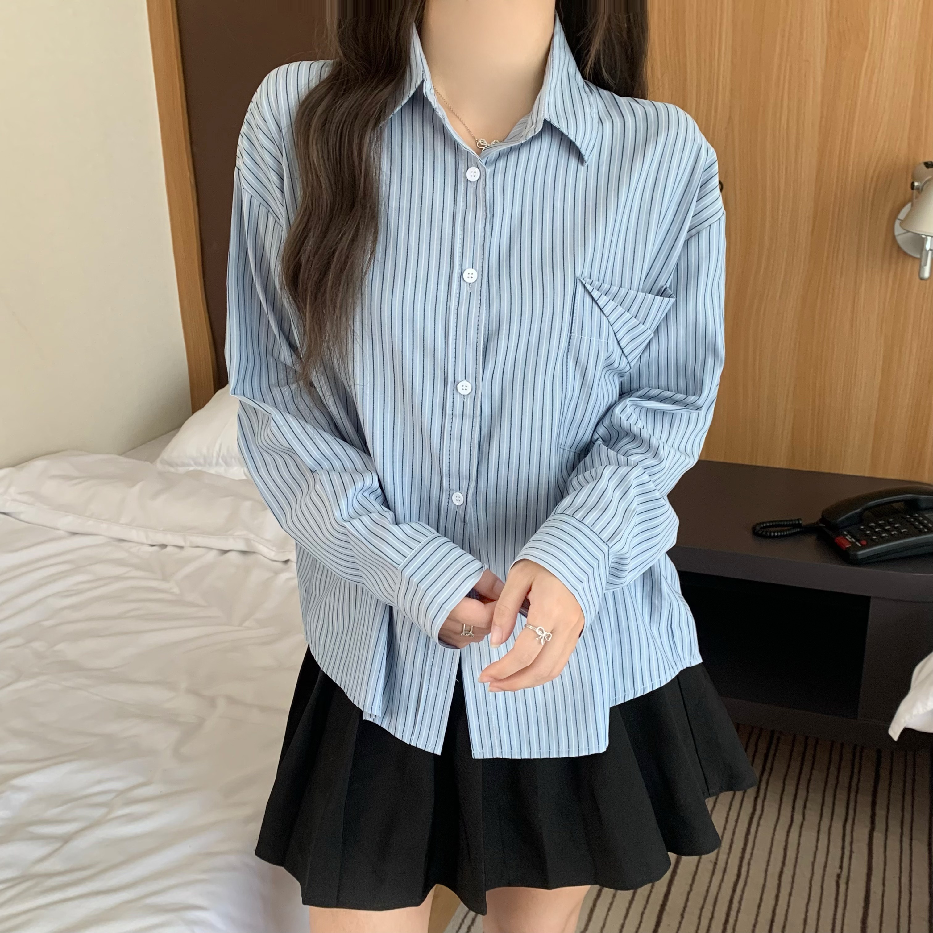 PF20651#韩版蓝色条纹长袖衬衫女百搭衬衣女裝貨源服裝批發