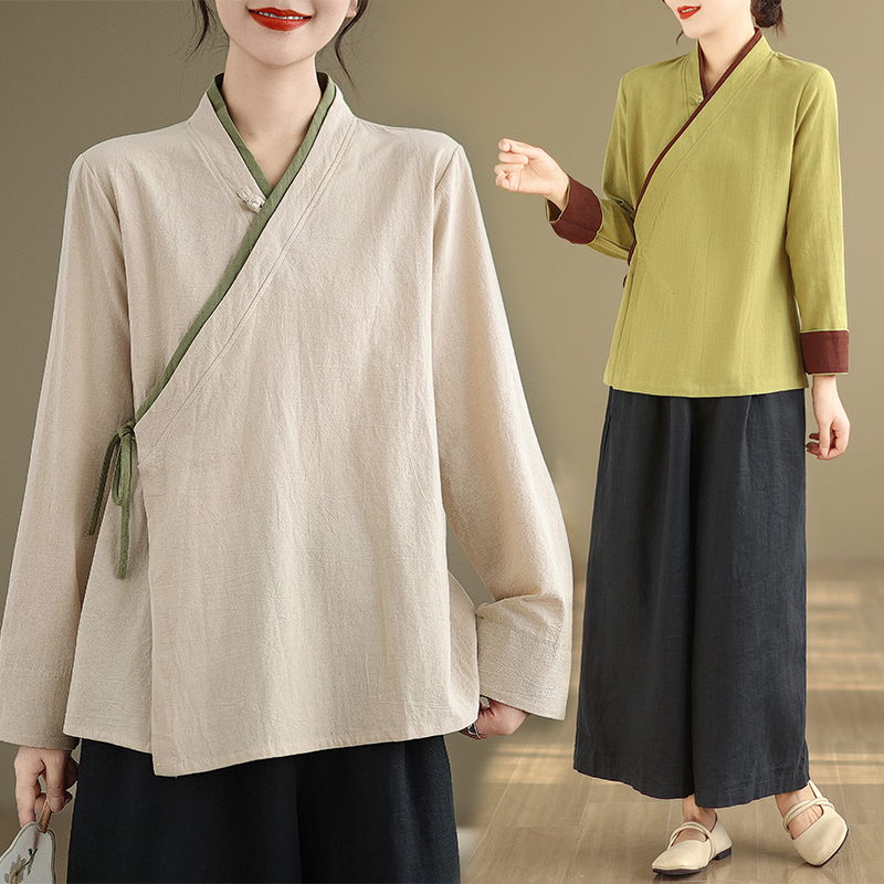 실사 차 서비스 당나라 한푸 여자 중간 국풍 맨위 아마 차 예술 교사 의류 봄 가을 수리 젠 서비스 차 서비스