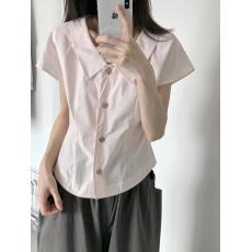 批发chummygirls 基础贝壳扣小衬衫领小飞袖百搭打褶收腰短袖衬衫