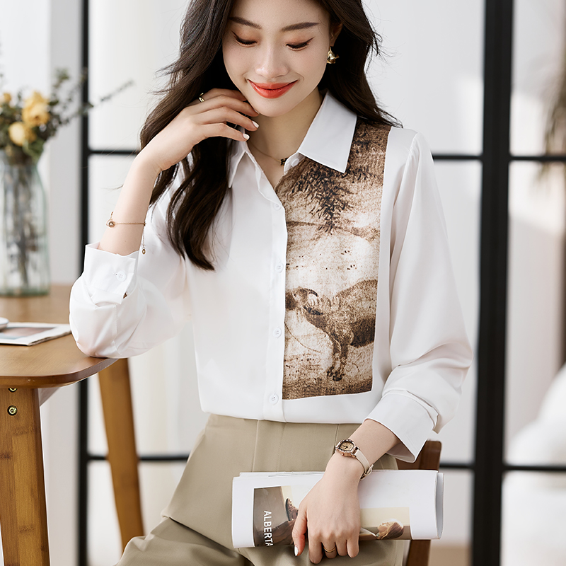 실사 외국 가스 캐주얼 가을 새로운 여성 의류 폴로 칼라 쉬폰 블라우스 맨위 오픈 가디건 셔츠 기본 셔츠 셔츠