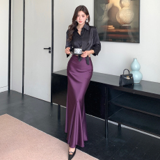 批发醋酸半身裙<b class='q'>天鹅</b>绒衬衫套装光泽感显瘦垂感舒适鱼尾裙两件套