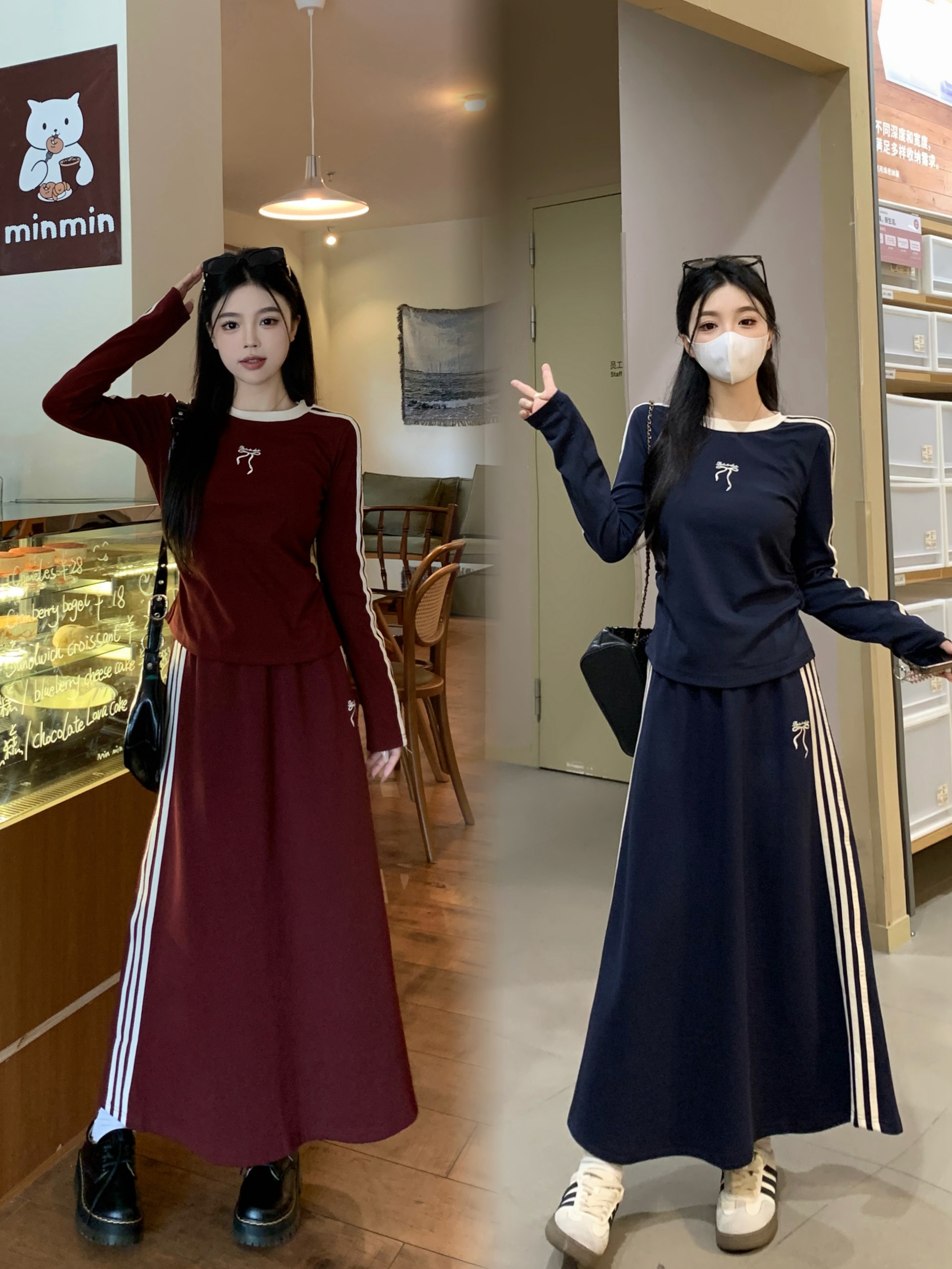 PF23464#大码女装胖mm秋季新款蝴蝶结刺绣收腰显瘦上衣+半身裙套装女裝貨源服裝批發