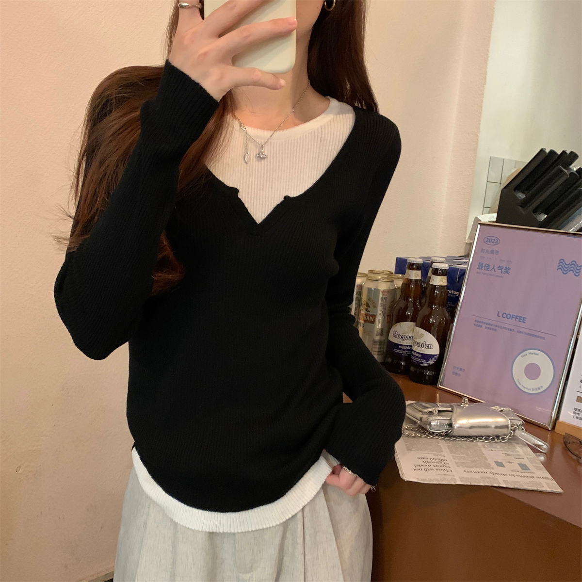 Real shot of autumn Korean style loose and versatile contrasting color fake two-piece 6-piece wool sweater long-sleeved inner top for women