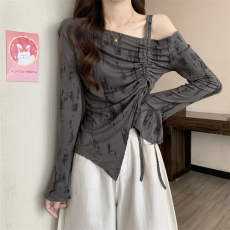 批发实拍实价 <b class='q'>不规则</b>设计感抽绳小众辣妹紧身露肩防晒长袖t恤