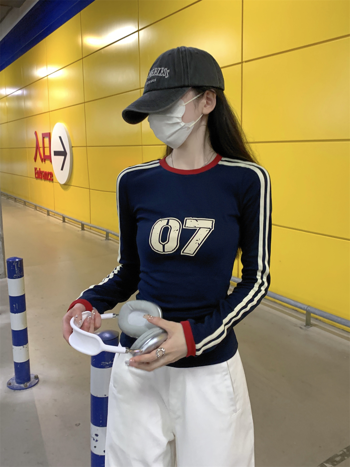 Actual shot of autumn Korean style contrasting color American striped digital printing slim fit pure cotton long-sleeved inner T-shirt top