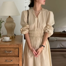 批发chic 韩版春季新款法式收腰显瘦<b class='q'>休闲</b>百搭V领纯色长袖气质<b class='q'>连衣裙</b>