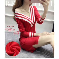 批发新款秋冬韩版女针织长袖连衣裙宽松显瘦v领<b class='q'>中长款</b><b class='q'>毛衣</b>打底裙