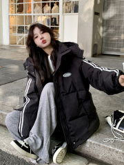 黑色羽絨棉服女冬季2024新款韓系寬鬆學院風情侶百搭連帽加厚棉襖