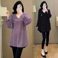 批发大码女装2026春季新款高档柔软弹力中长款v领蕾丝衫百搭显瘦上衣