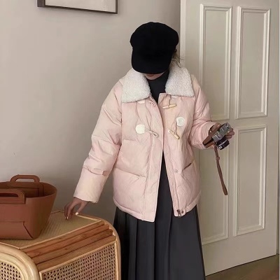 牛角扣冬季新款羽絨棉服女羊羔毛加厚短款學院風小個子韓版外套