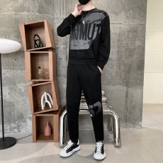 批发实拍春<b class='q'>秋</b>男士麂皮绒潮牌时尚拼色印花百搭休闲圆领两件套装