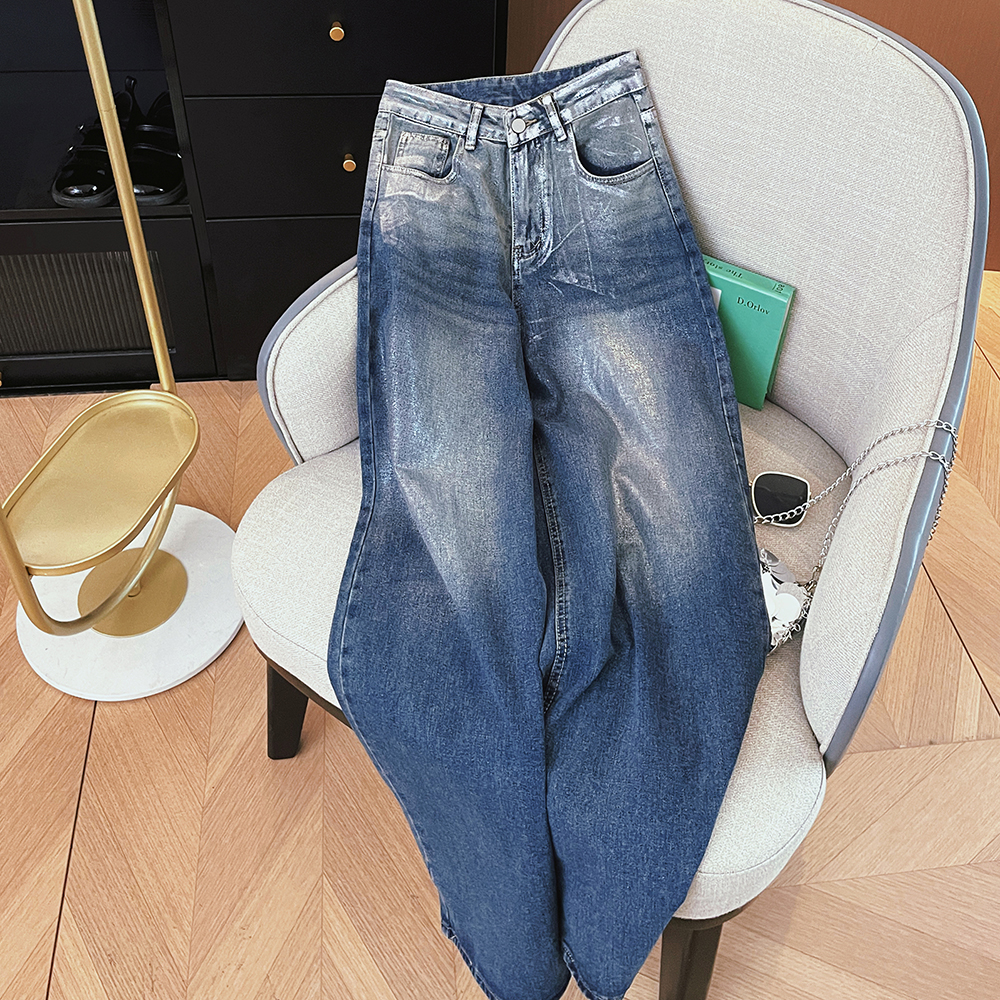 PF20941#韩版设计感彩绘刷银高腰直筒宽松显瘦阔腿拖地牛仔长裤子女潮女裝貨源服裝批發