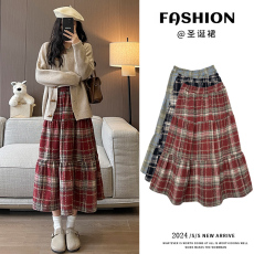 批发实拍秋冬圣诞红毛呢格子松紧腰显瘦高腰百搭蛋糕裙中长裙伞裙女