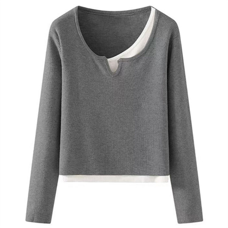 Autumn New Fashion Fake Two-Piece Knitwear Retro Small Shirt Slim Fitting Underwear Short Top Sweater 
