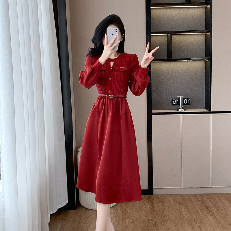 PF20759# 赫本风法式连衣裙女 新款针织拼接长袖大方得体的裙子女裝貨源服裝批發