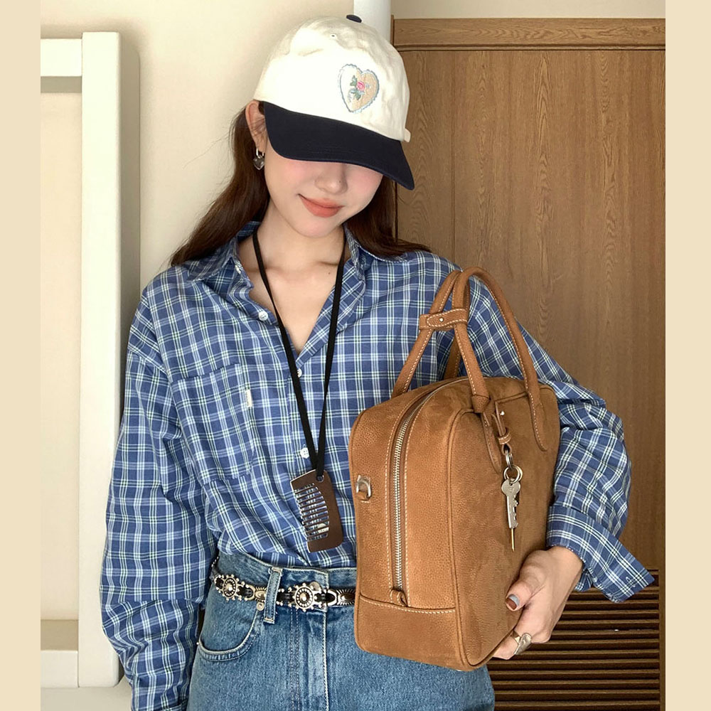 實拍 韓系ins風 復古顯白藍格紋簡約單排扣長袖襯衫