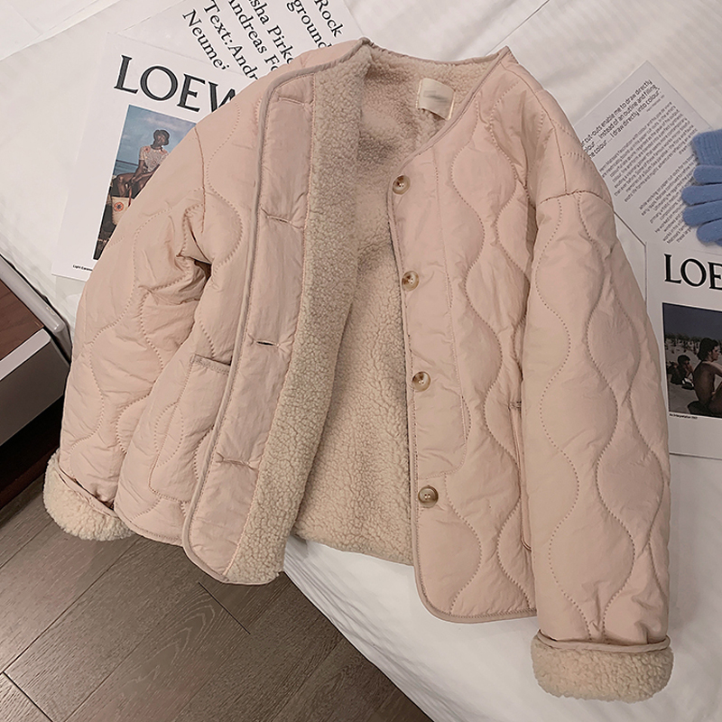 Pink lambswool cotton coat for women 2024 winter new Korean style thickened round neck lambswool coat cotton jacket