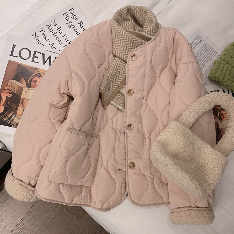 Pink lambswool cotton coat for women 2024 winter new Korean style thickened round neck lambswool coat cotton jacket